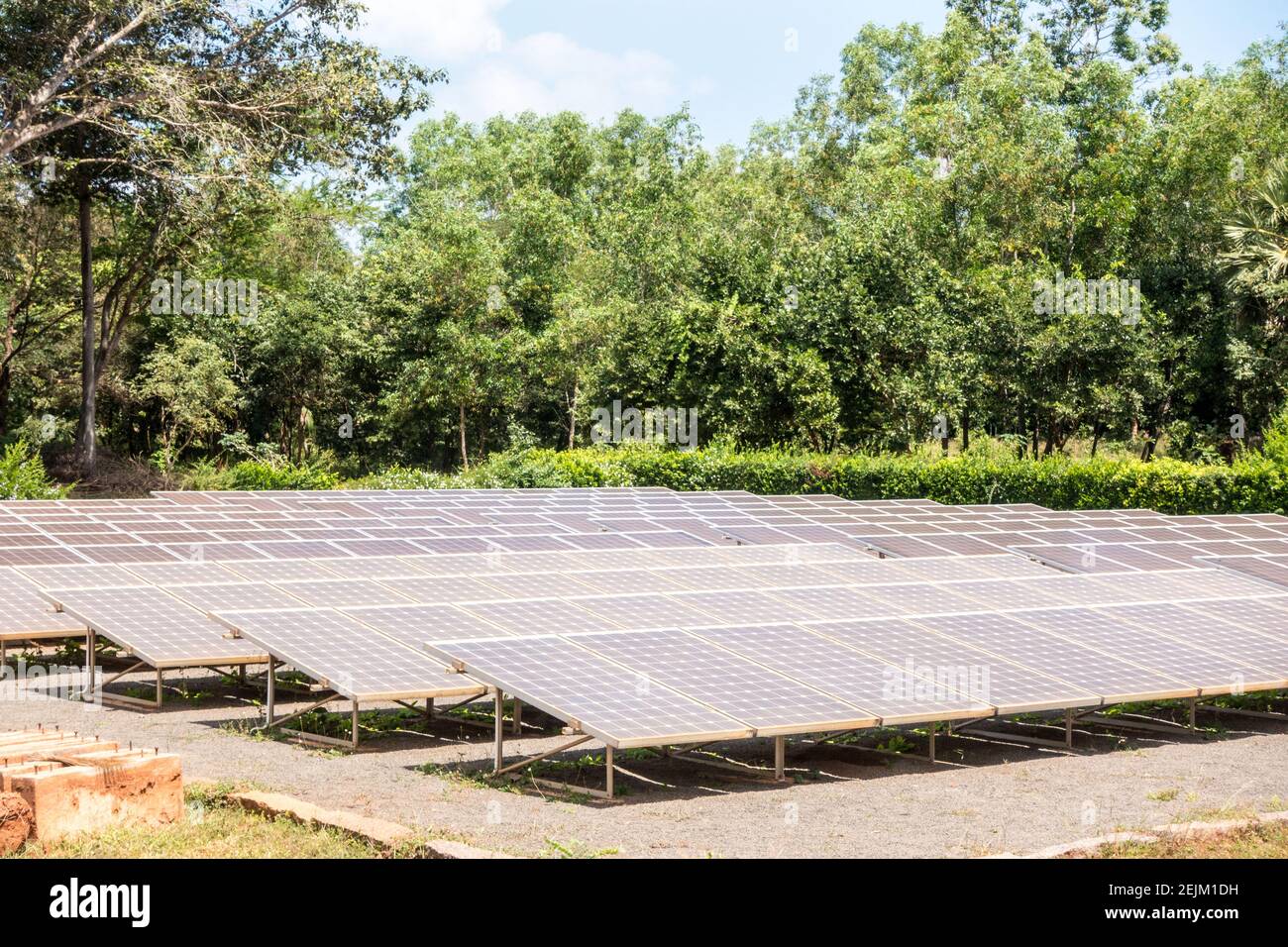 Grand groupe de panneaux solaires dans un Auroville autosuffisant Banque D'Images