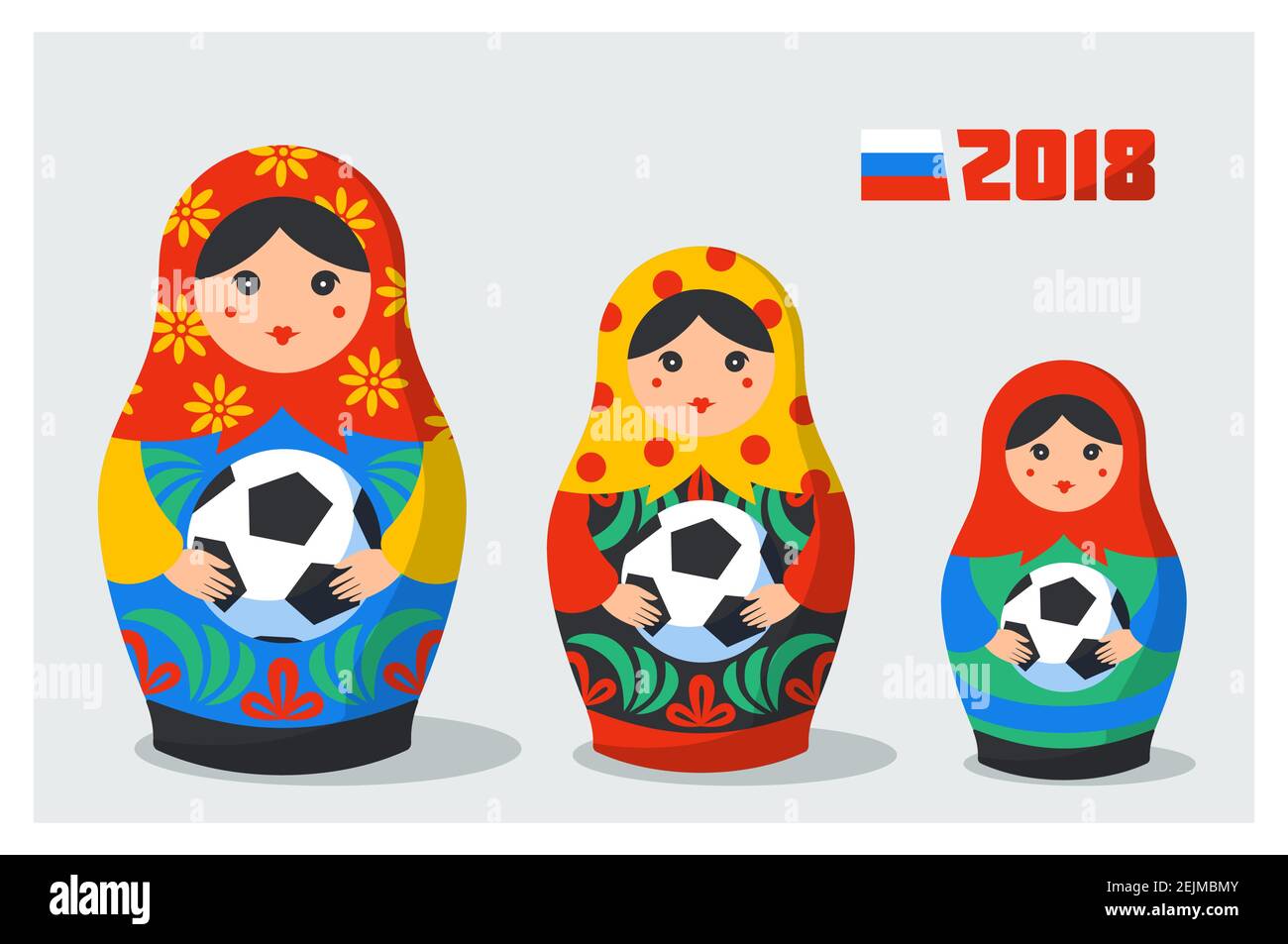 Set de Matrioshka russe. Symbole de la Russie avec ballon de football, et drapeau russe avec texte de 2018. Poupées de nidification Vector traditionnelles russes avec ballon de football. Illustration de Vecteur