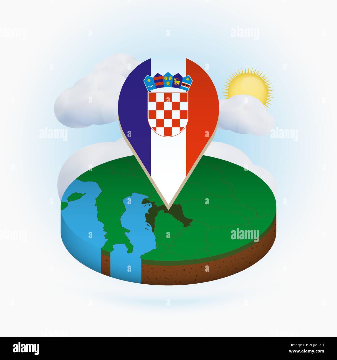 Carte ronde isométrique de la Croatie et marqueur à points avec drapeau de la Croatie. Nuage et soleil en arrière-plan. Illustration du vecteur isométrique. Illustration de Vecteur