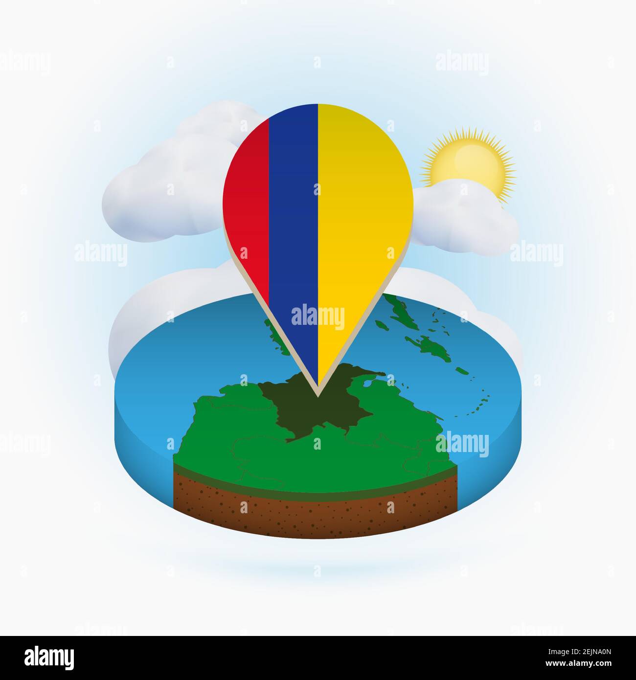 Carte ronde isométrique de la Colombie et marqueur de point avec drapeau de la Colombie. Nuage et soleil en arrière-plan. Illustration du vecteur isométrique. Illustration de Vecteur