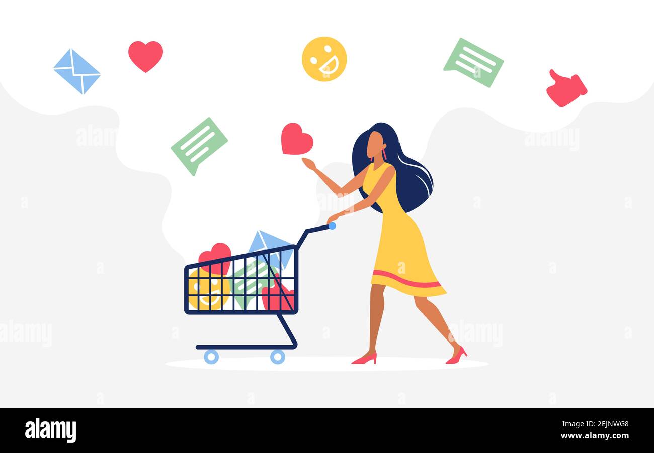 Commentaires des clients sur les produits de la boutique et illustration du vecteur de concept de la boutique. Caricature minuscule acheteur femme personnage de marche, la collecte comme emoji email social médias de communication des symboles au panier d'achat Illustration de Vecteur