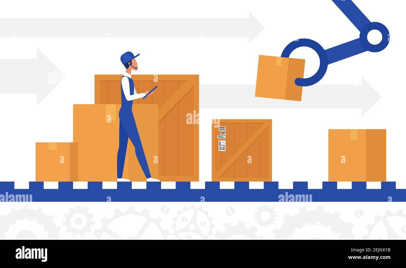 Contrôle de l'automatisation de la livraison, illustration du vecteur de concept de processus de chargement. Personnage de dessin animé travaillant en entrepôt, debout avec des marchandises postales dans des boîtes sur la ligne de tapis de convoyeur automatisé, bras de robot Illustration de Vecteur