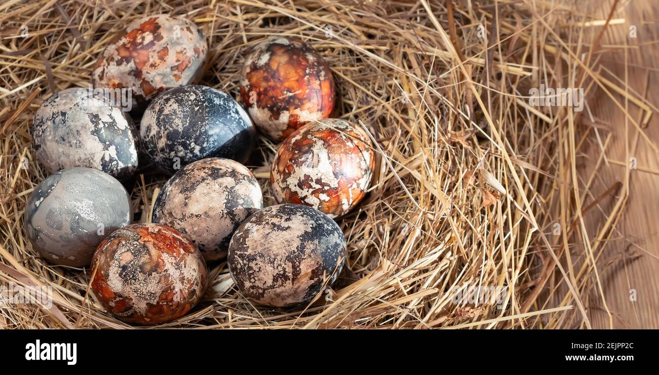 Composition de Pâques - oeufs de Pâques en marbre multicolore peints avec des teintures naturelles dans un nid de foin, bannière horizontale. Banque D'Images