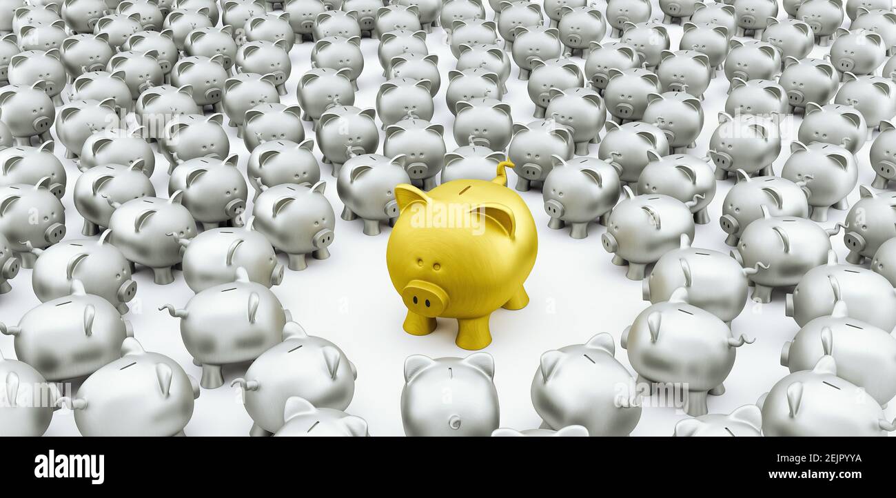 Un groupe de tirelires argentées entoure la grande tirelieuse dorée image 3d de rendu bank Banque D'Images