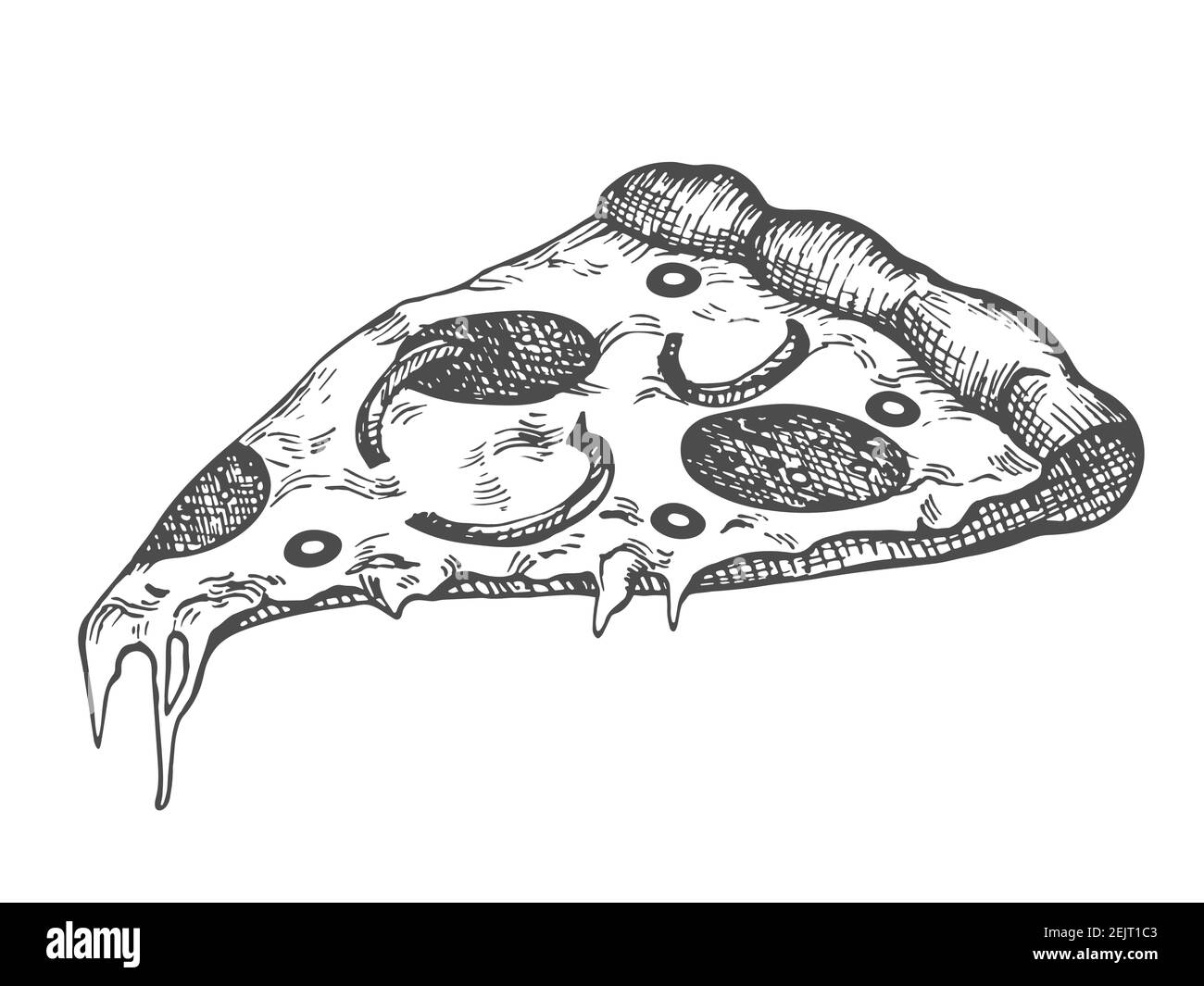 Coupe de pizza dessinée à la main. Illustration vectorielle d'une tranche de pizza pepperoni d'esquisse vintage isolée sur fond blanc. Illustration de Vecteur