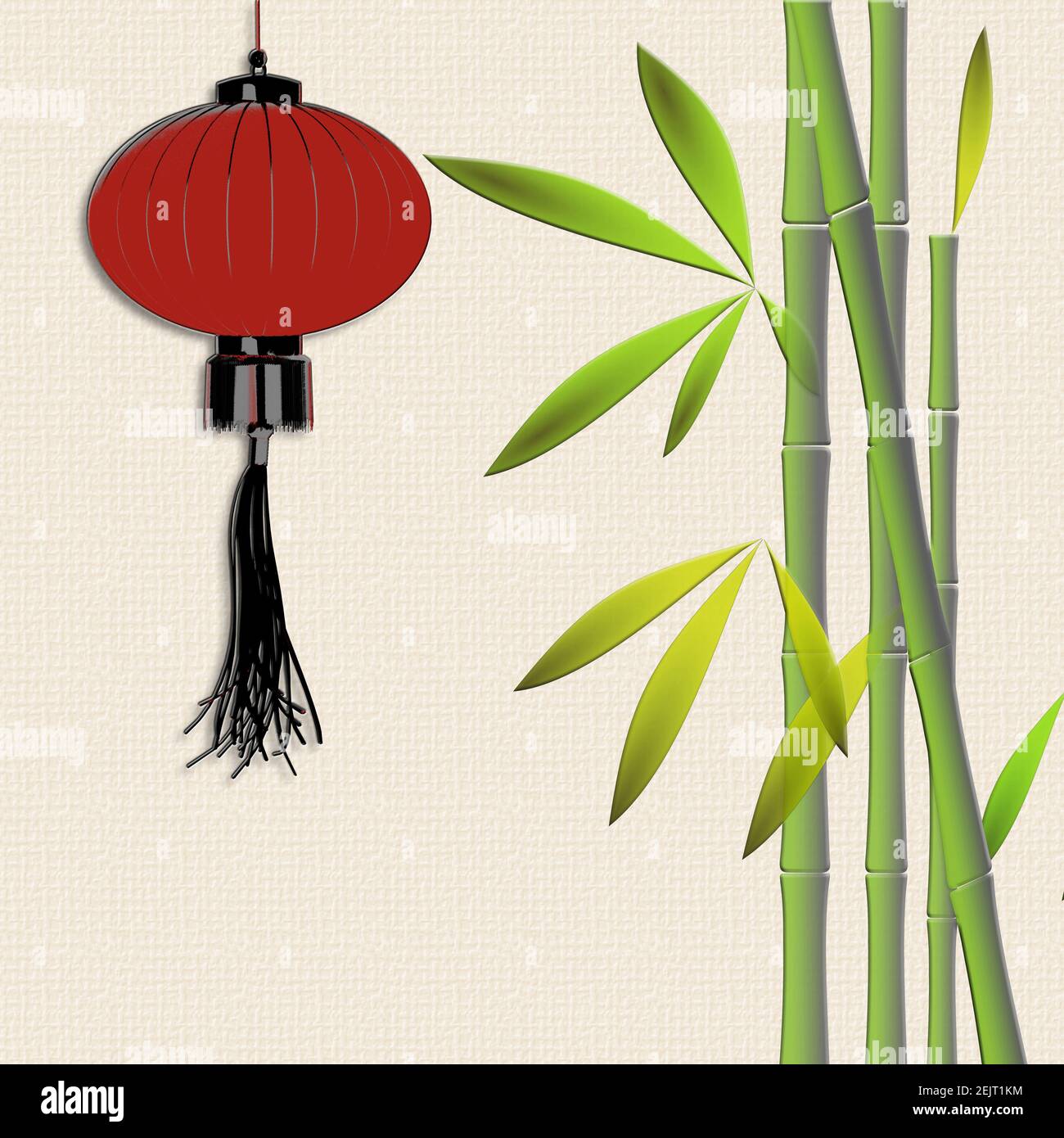Lanternes suspendues rouges, bambou sur fond jaune pSTEL. Décor asiatique traditionnel pour festival lanterne, fête de la mi-automne, nouvel an chinois. Placer Banque D'Images