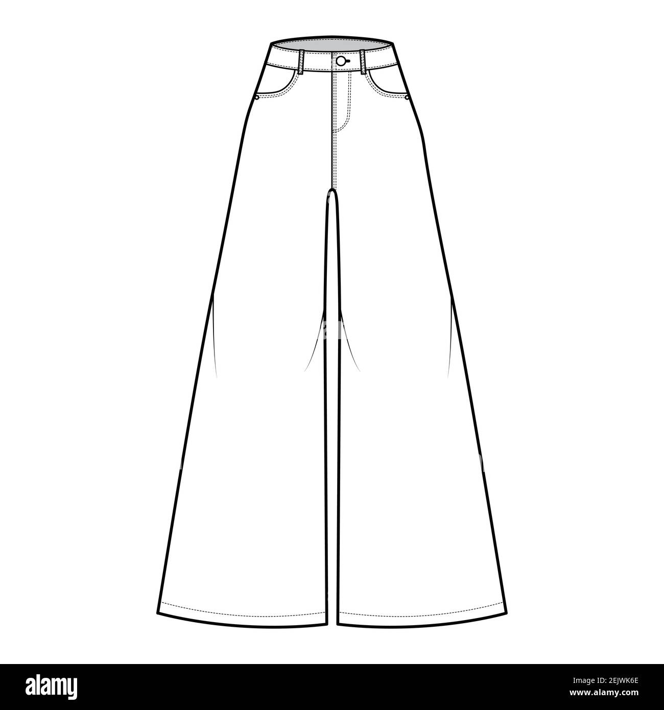 Jean Baggy large Pantalon denim technique mode illustration avec longueur,  taille normale, taille haute, 5 poches, rivets, boucles de ceinture. Fond  plat à l'avant, blanc, style coloré. Femmes hommes unisexe CAD maquette