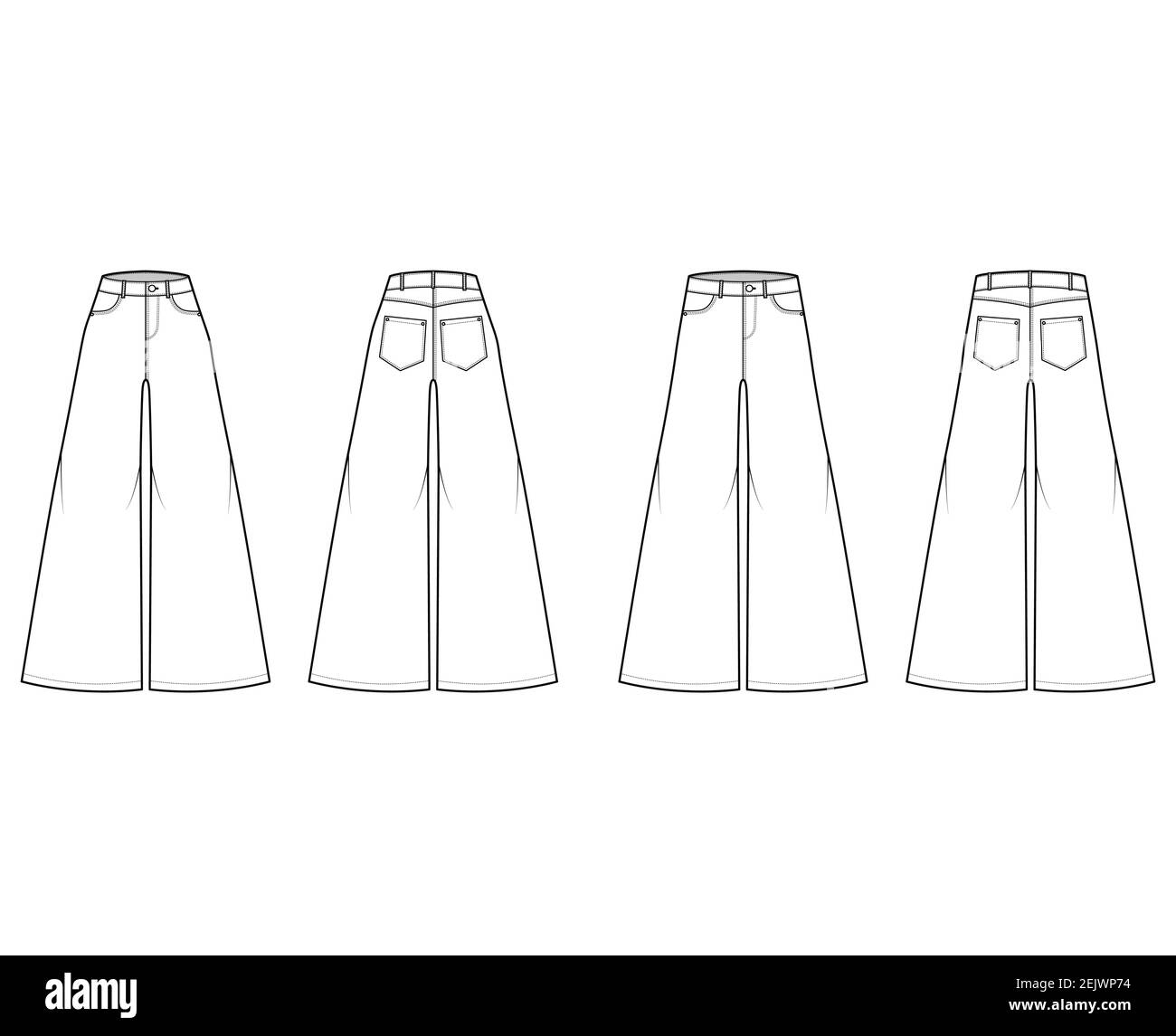 Ensemble de jeans pantalon large Baggy denim illustration technique de la  mode avec longueur, taille normale basse, taille, 5 poches. Modèle avant à  fond plat, couleur blanche. Femmes, hommes, maquette de CAD