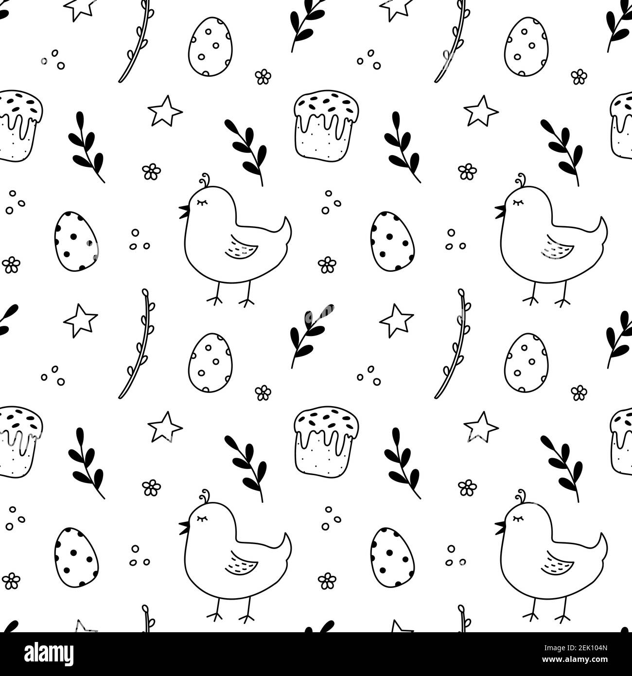 Motif Pâques sans coutures. Mignons poussins, œufs de Pâques festifs, gâteaux de Pâques, brindilles printanières, fleurs. Illustration vectorielle dessinée à la main, style doodle. Illustration de Vecteur