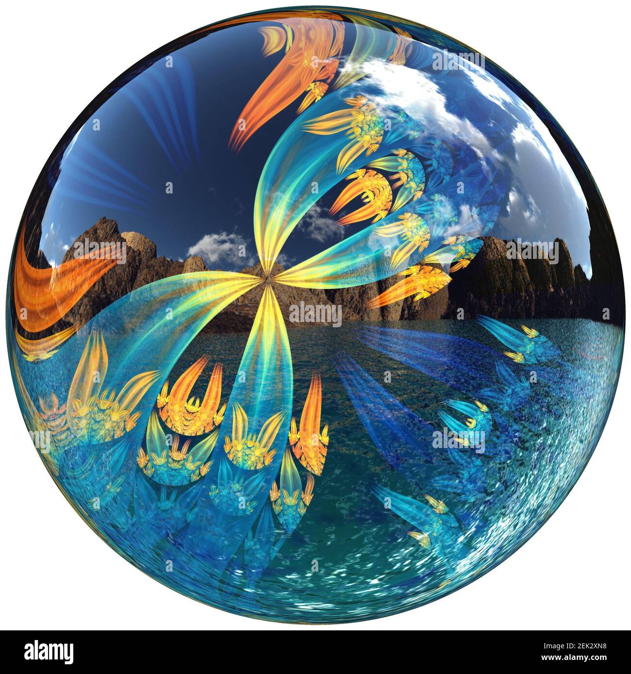 Le rendu 3D de bouton brillant avec papillon fractale coloré décoration Banque D'Images
