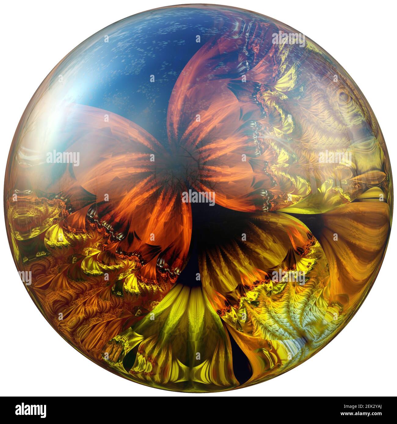Le rendu 3D de bouton brillant avec papillon fractale coloré décoration Banque D'Images