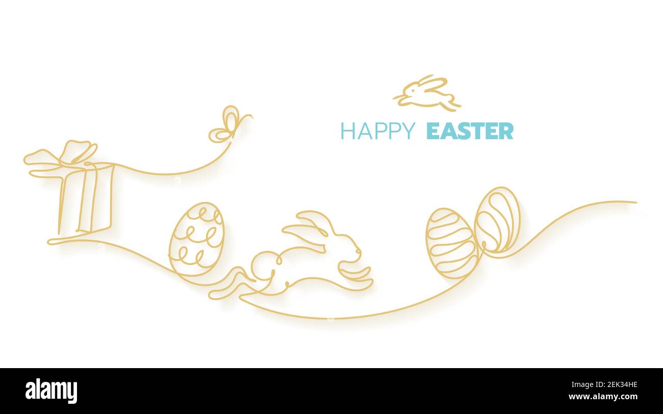 Bonne fête de pâques, bonheur amusant lapin courant sur le terrain avec des cadeaux et des oeufs ligne continue art style illustration vectorielle Illustration de Vecteur