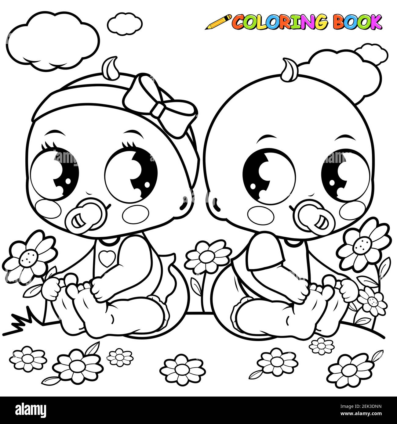 Bébés assis sur l'herbe et jouant. Mignons petits enfants jumeaux. Coloriage noir et blanc. Banque D'Images