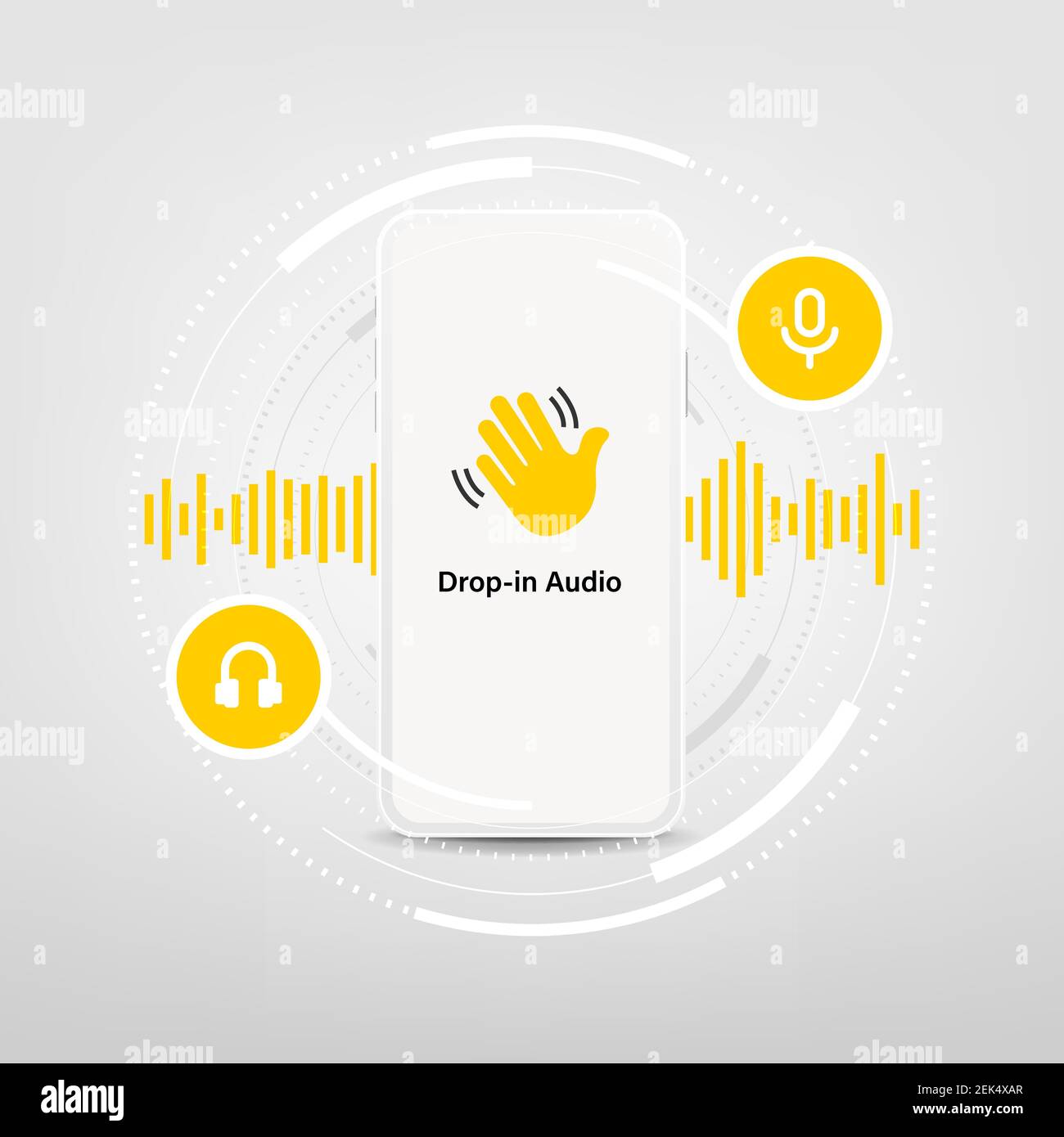 Smartphone avec main onduleuse, système audio intégré et microphone. Application de réseau social de chat audio sur un téléphone mobile. Illustration de Vecteur