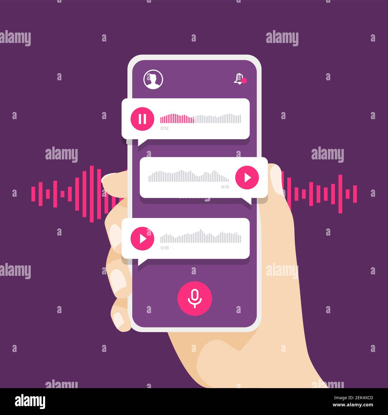 Main tenant le smartphone avec la messagerie vocale. Application audio sociale. Illustration de Vecteur