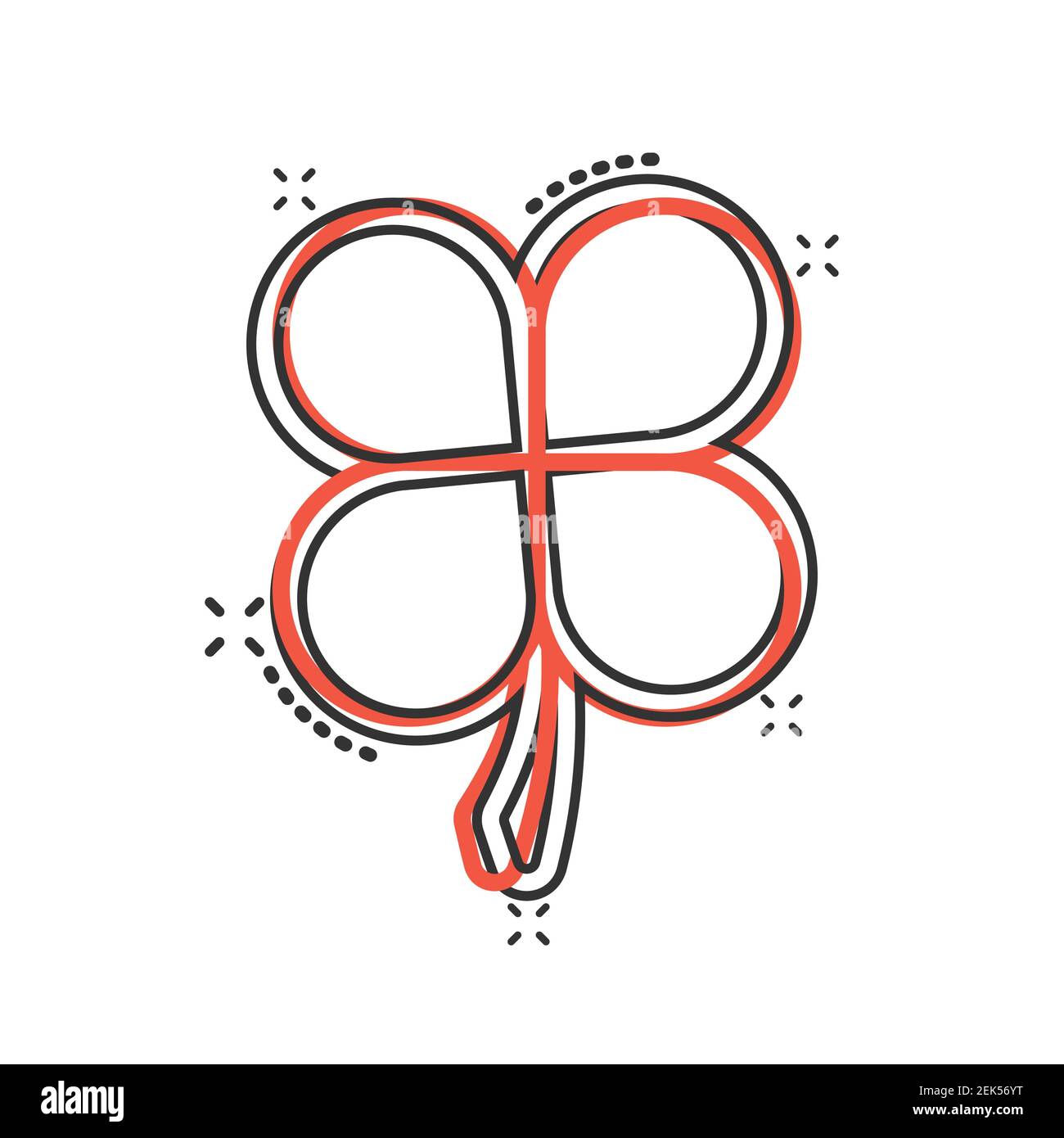 Icône de trèfle à quatre feuilles dans le style comique. Illustration vectorielle de la Saint-Patrick sur fond blanc isolé. Effet de destruction de forme de fleur effet co Illustration de Vecteur