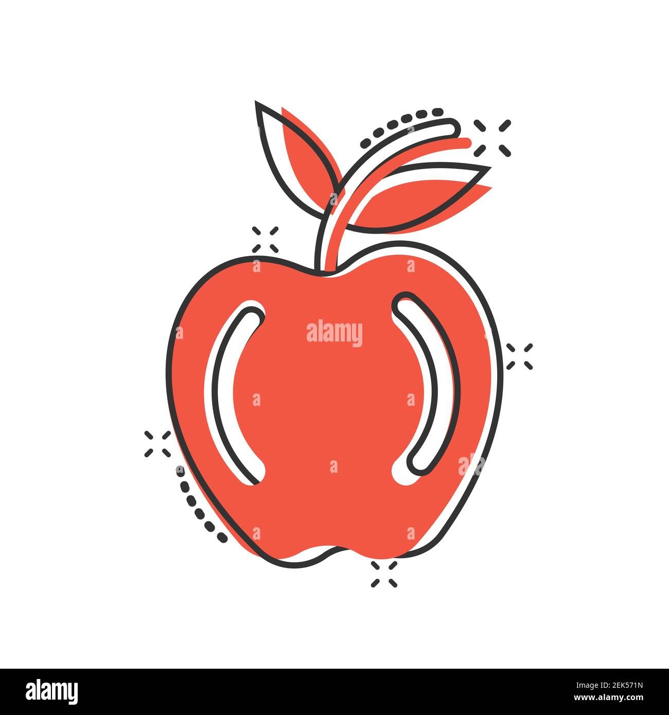 Icône Apple dans le style comique. Illustration vectorielle de dessin animé de fruits frais sur fond blanc isolé. Concept commercial effet éclaboussures de nourriture juteuse. Illustration de Vecteur