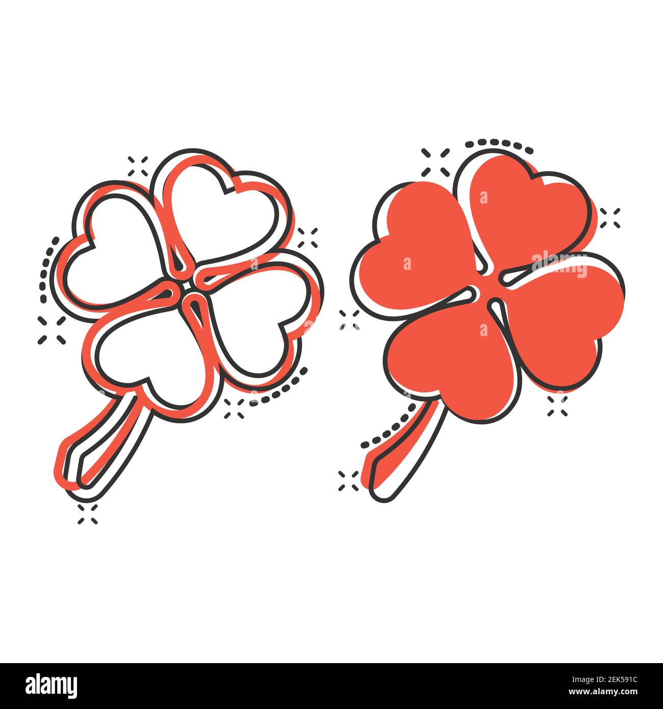 Icône de trèfle à quatre feuilles dans le style comique. Illustration vectorielle de la Saint-Patrick sur fond blanc isolé. Effet de destruction de forme de fleur effet co Illustration de Vecteur