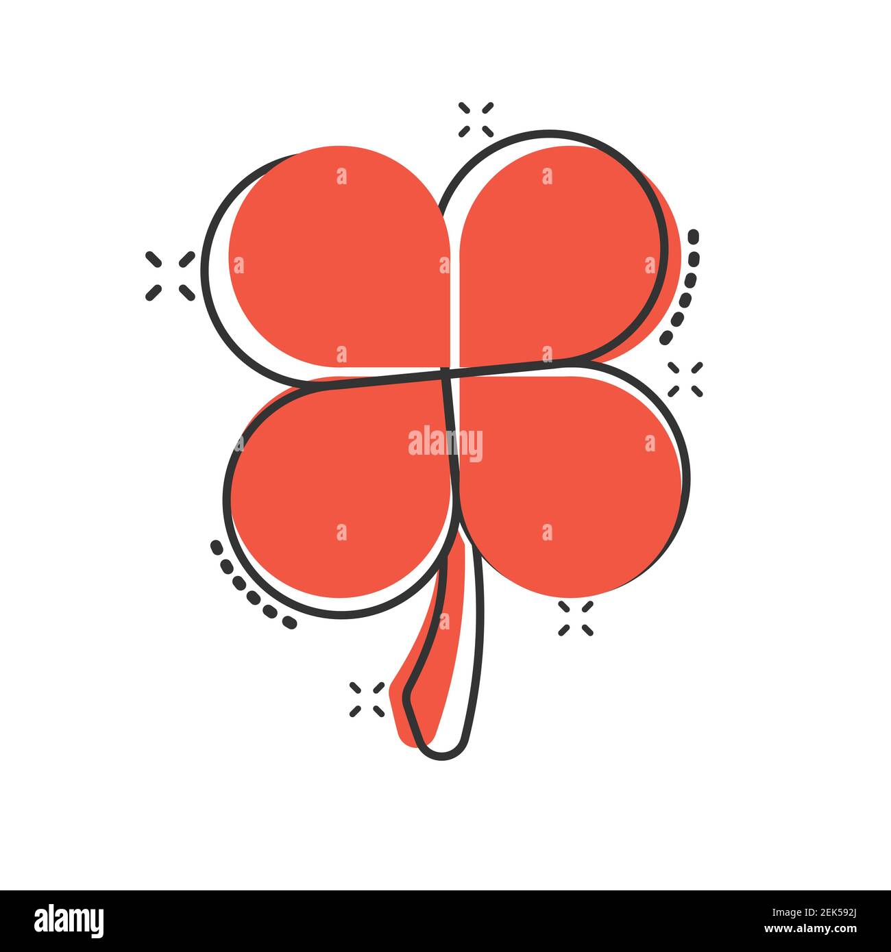 Icône de trèfle à quatre feuilles dans le style comique. Illustration vectorielle de la Saint-Patrick sur fond blanc isolé. Effet de destruction de forme de fleur effet co Illustration de Vecteur