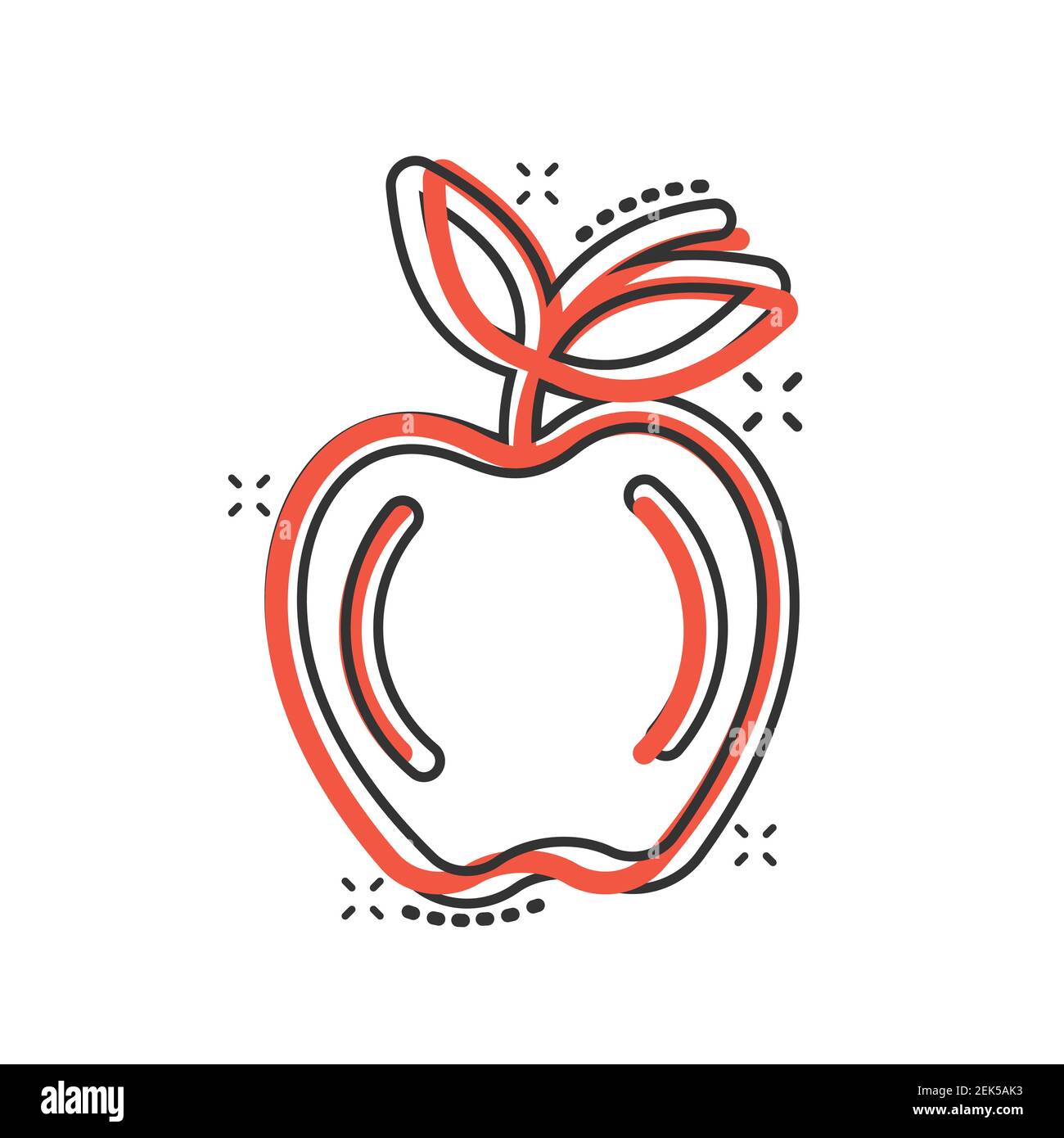 Icône Apple dans le style comique. Illustration vectorielle de dessin animé de fruits frais sur fond blanc isolé. Concept commercial effet éclaboussures de nourriture juteuse. Illustration de Vecteur