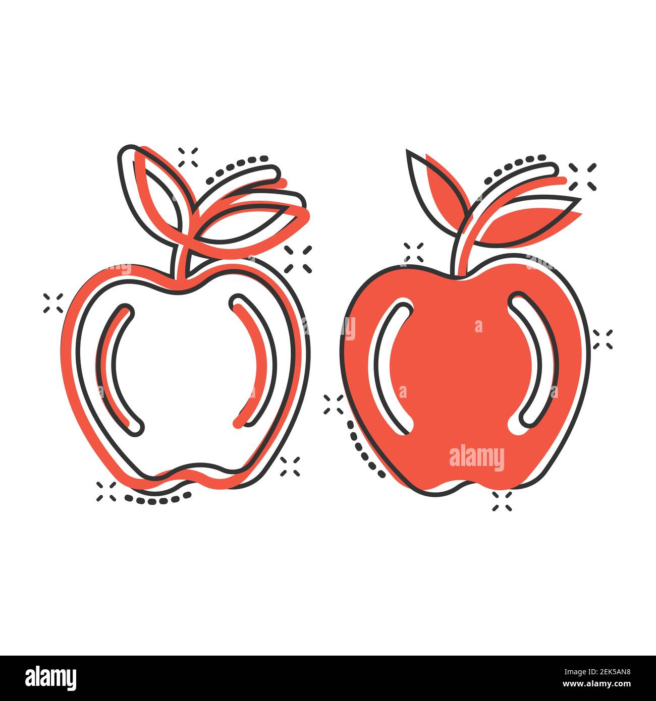 Icône Apple dans le style comique. Illustration vectorielle de dessin animé de fruits frais sur fond blanc isolé. Concept commercial effet éclaboussures de nourriture juteuse. Illustration de Vecteur