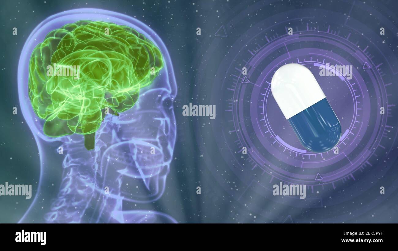 Illustration médicale 3D - image holographique de la tête humaine avec mise en évidence cerveau et pilule médicale Banque D'Images