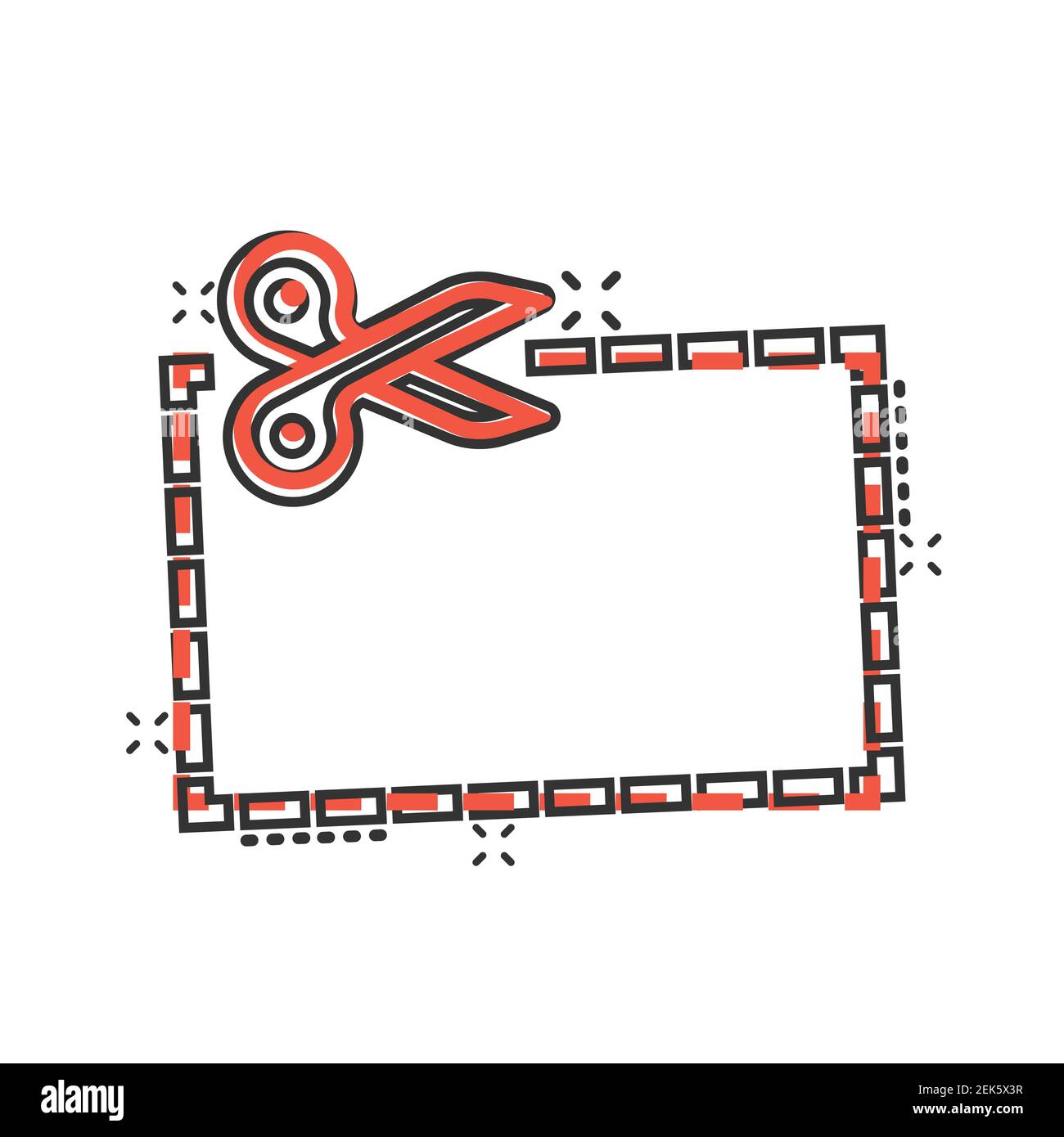 Icône de lignes de découpe de coupon en style comique. Illustration vectorielle de signe de dessin animé en forme de ciseaux sur fond blanc isolé. Vente autocollant effet splash affaires Illustration de Vecteur
