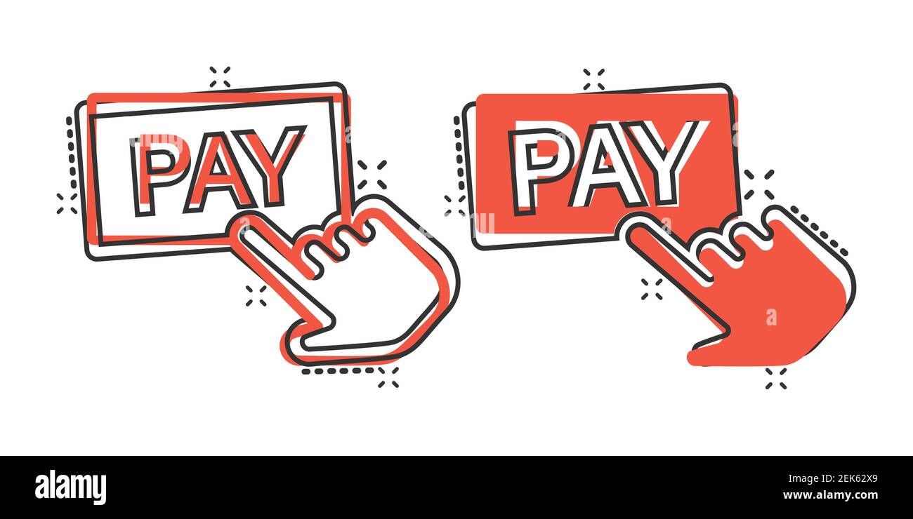 L'icône de la boutique payante en style comique. Illustration du vecteur de dessin animé du curseur de doigt sur un arrière-plan isolé. Cliquez sur le bouton Splash Effect Business concept. Illustration de Vecteur