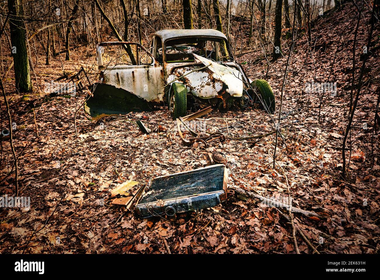 Épave de voiture décolonée usée et rouillée laissée dans une forêt, au Danemark Banque D'Images