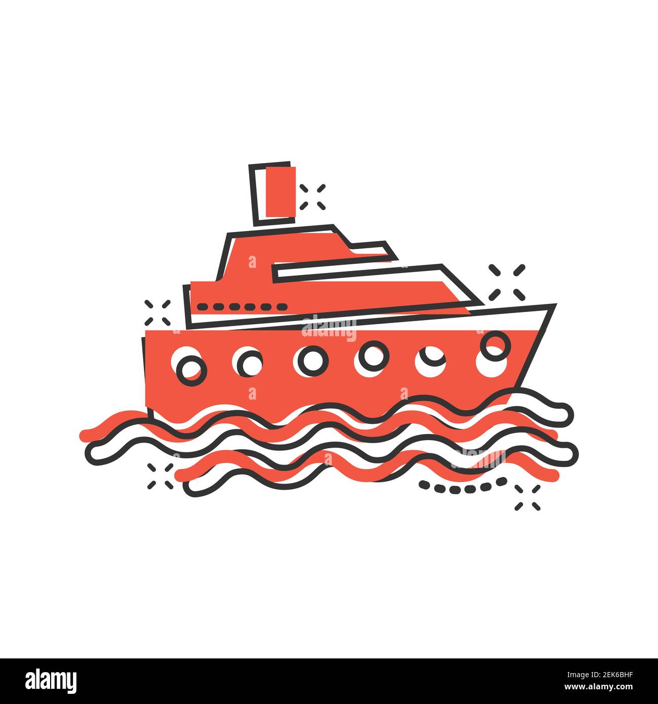 Icône de bateau de tourisme en style comique. Illustration vectorielle de dessin animé pour bateau de pêche sur fond blanc isolé. Destination de camion-citerne effet de destruction de l'entreprise con Illustration de Vecteur