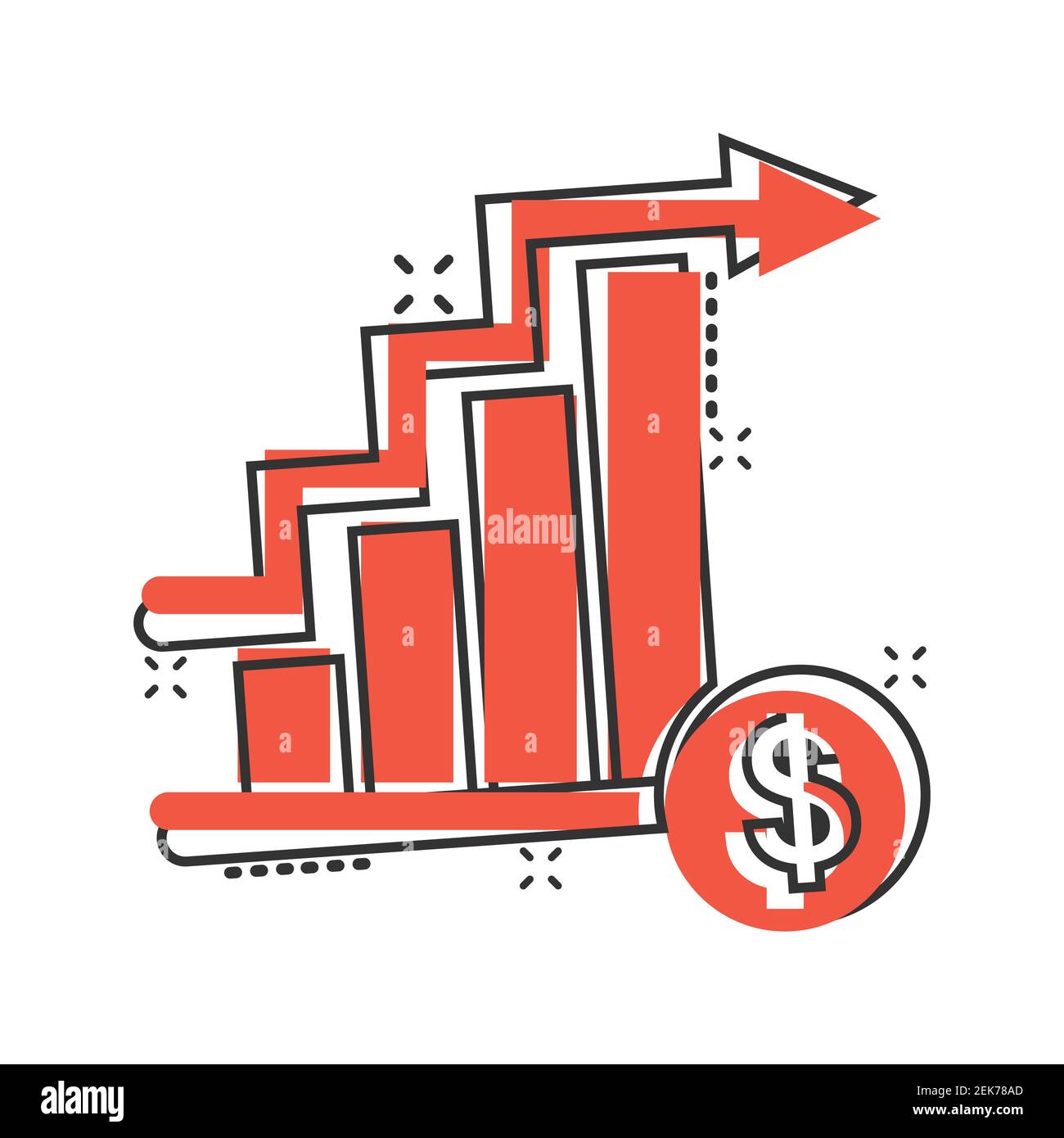 Icône de tendance du marché dans le style comique. Flèche de croissance avec illustration vectorielle de loupe sur fond blanc isolé. Augmenter l'effet de destruction des affaires Illustration de Vecteur