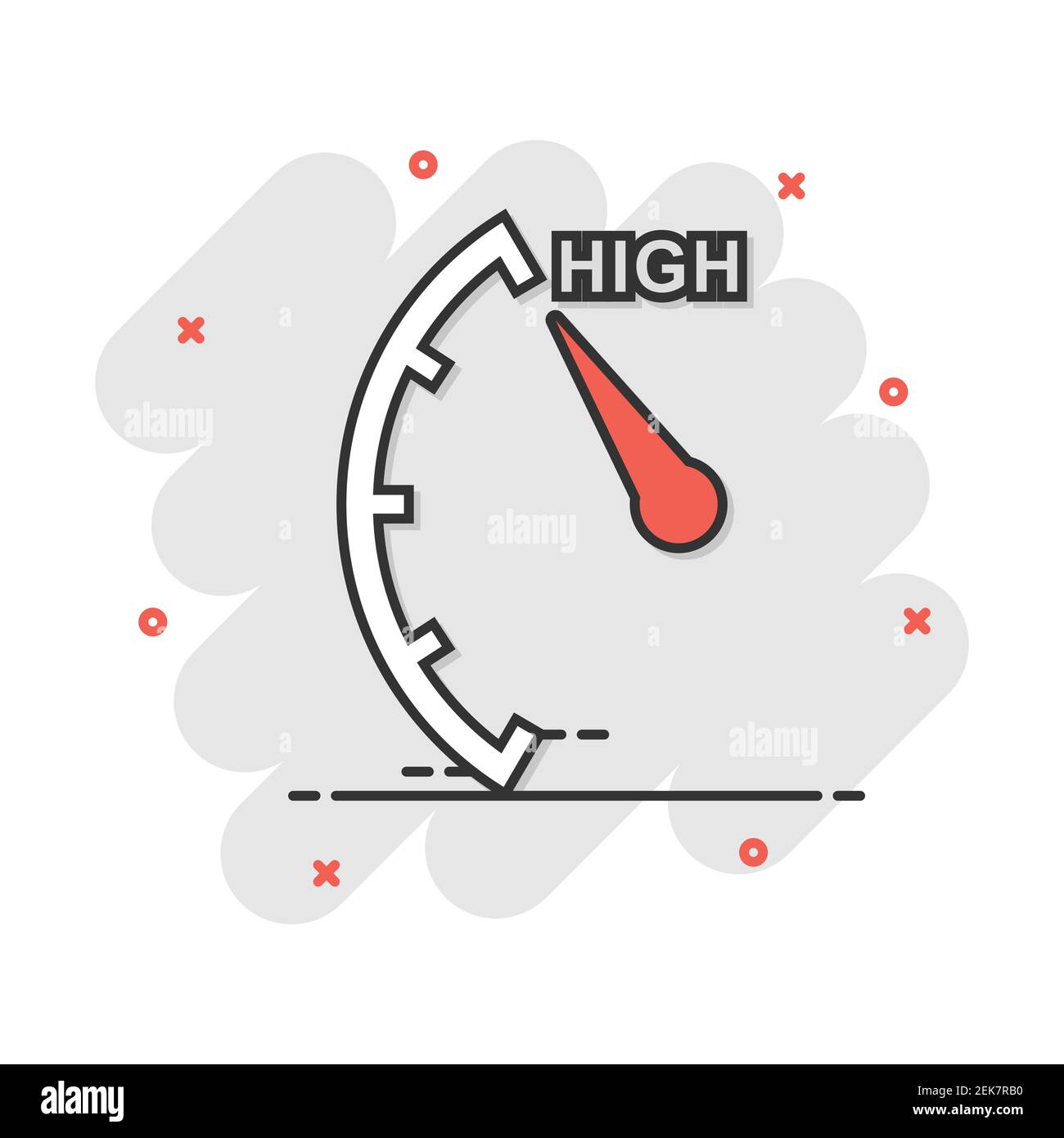 Icône de haut niveau de dessin animé en style comique. Pictogramme de l'indicateur de vitesse et du compte-tours. Concept commercial de destruction de compteur de risques. Illustration de Vecteur