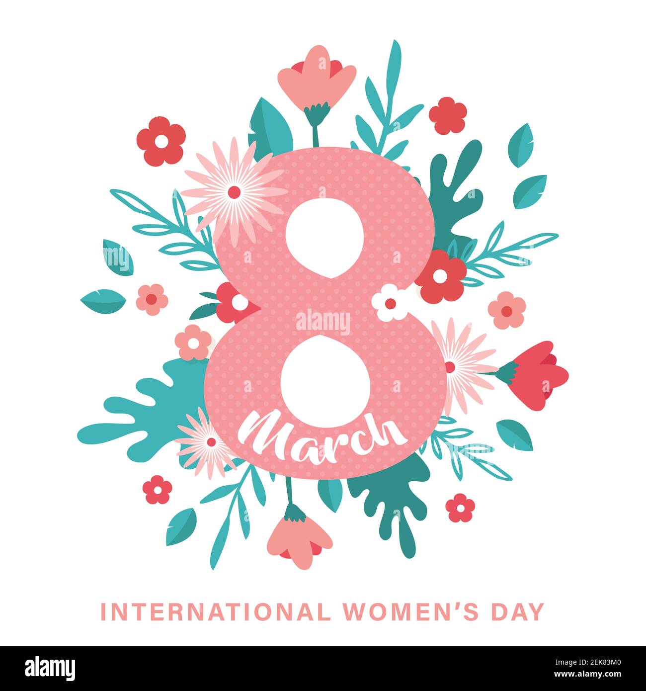 Carte de vœux ou modèle de carte postale pour la Journée mondiale de la femme. Carte de fête des femmes avec fleurs. Illustration vectorielle florale moderne pour le 8 mars Illustration de Vecteur