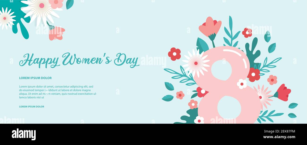 Bannière de vœux ou modèle de carte postale pour la Journée mondiale de la femme. Carte de fête des femmes avec fleurs. Illustration vectorielle florale moderne pour le 8 mars Illustration de Vecteur