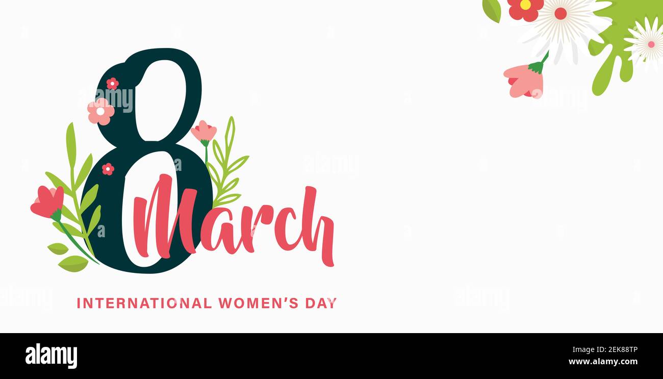 Bannière de vœux ou modèle de carte postale pour la Journée mondiale de la femme. Carte de fête des femmes avec fleurs. Illustration vectorielle florale moderne pour le 8 mars Illustration de Vecteur
