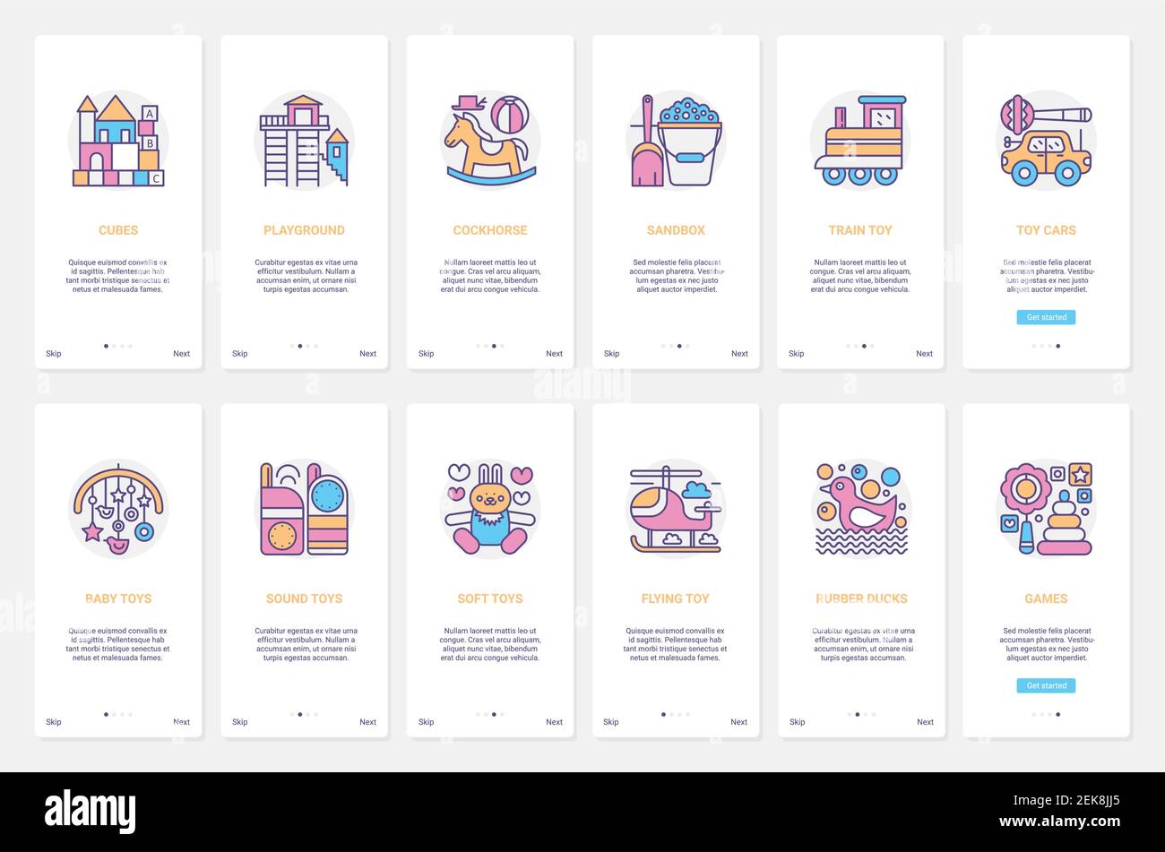 Illustration Vectorielle De Jouets Pour Enfants Ux Ui Onboarding Mobile Application Page Ecran Set Avec Ligne Mignon Jouets Pour Bebe Enfant A Jouer Dans La Maison De Bebe Ou Sur Le Terrain