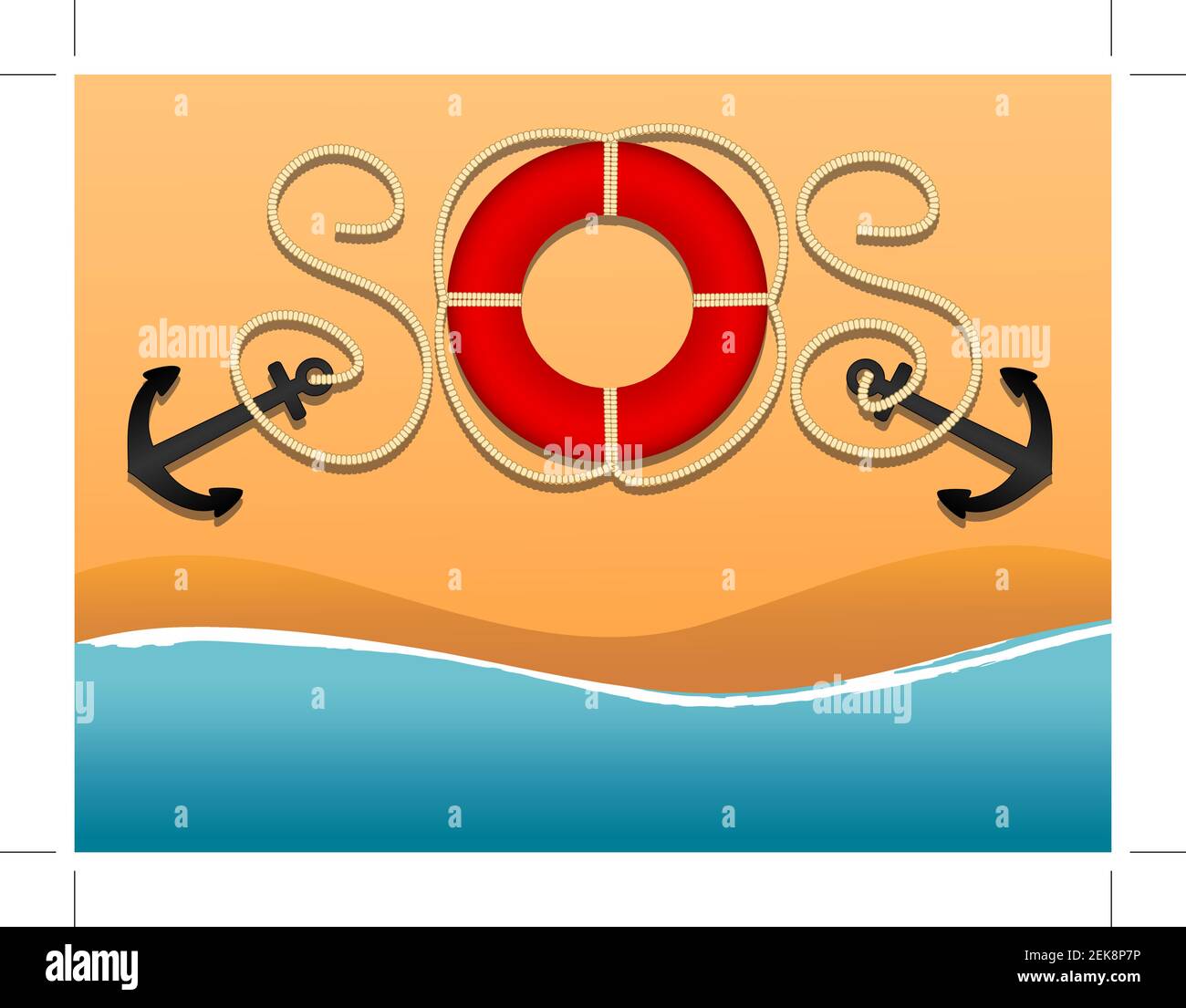 Le signal de détresse international et de demander de l'aide. SOS sous forme d'inscriptions des cordes et d'une bouée de sauvetage. Ancre, bouée de sauvetage, gréement de la mer Illustration de Vecteur