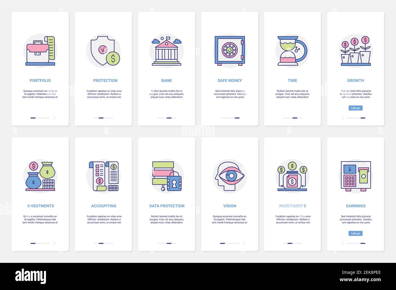Illustration du vecteur de finance bancaire et de comptabilité. UX, écran de page d'application mobile d'intégration d'interface utilisateur avec services bancaires de ligne pour protéger les investissements d'argent, symboles de contour de la technologie financière de compte sécurisé Illustration de Vecteur