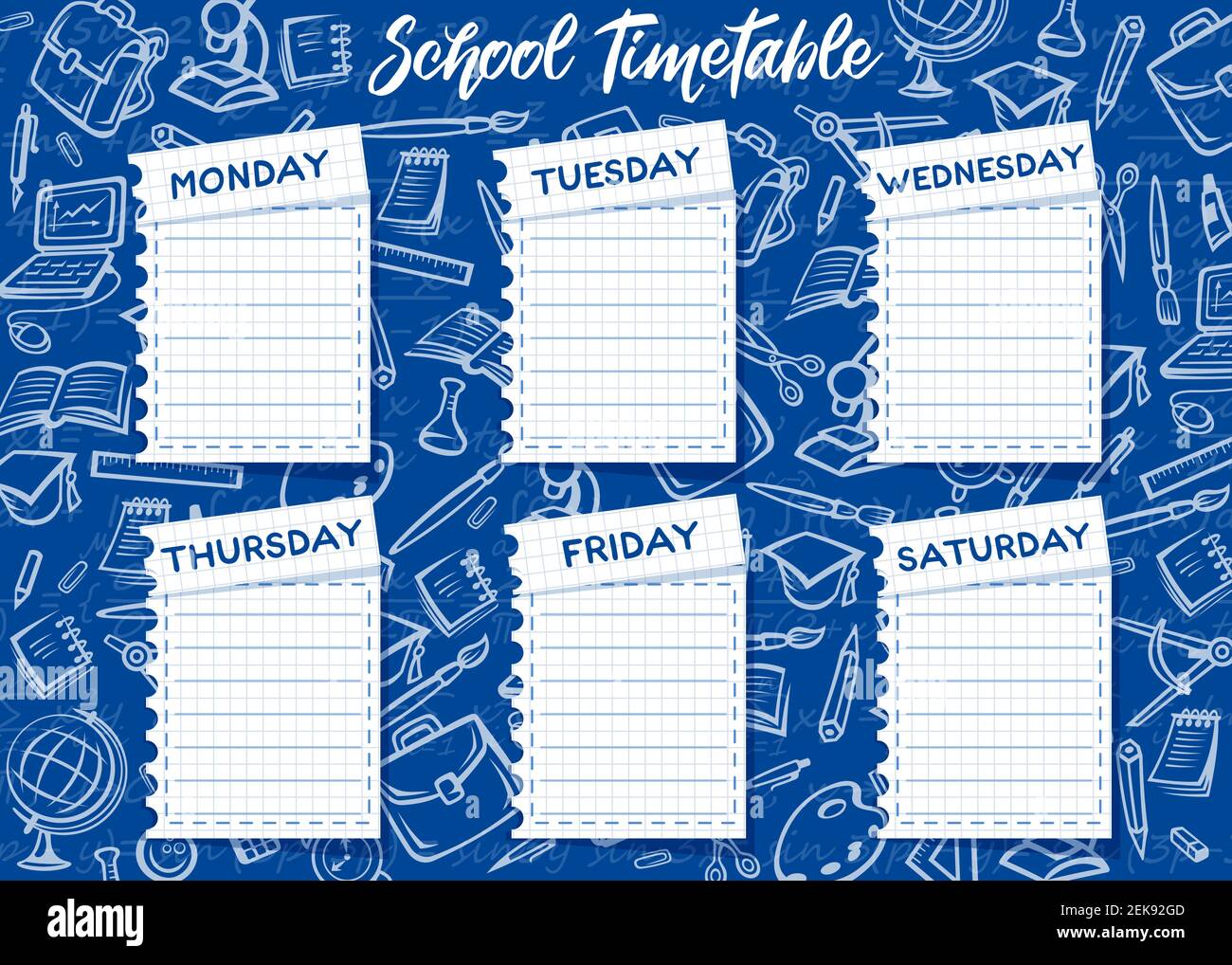 Calendrier scolaire et conception de vecteur horaire hebdomadaire sur fond  bleu tableau noir. Modèle de plan de cours pour les étudiants sur des  feuilles de papier pour bloc-notes avec craie sk Image