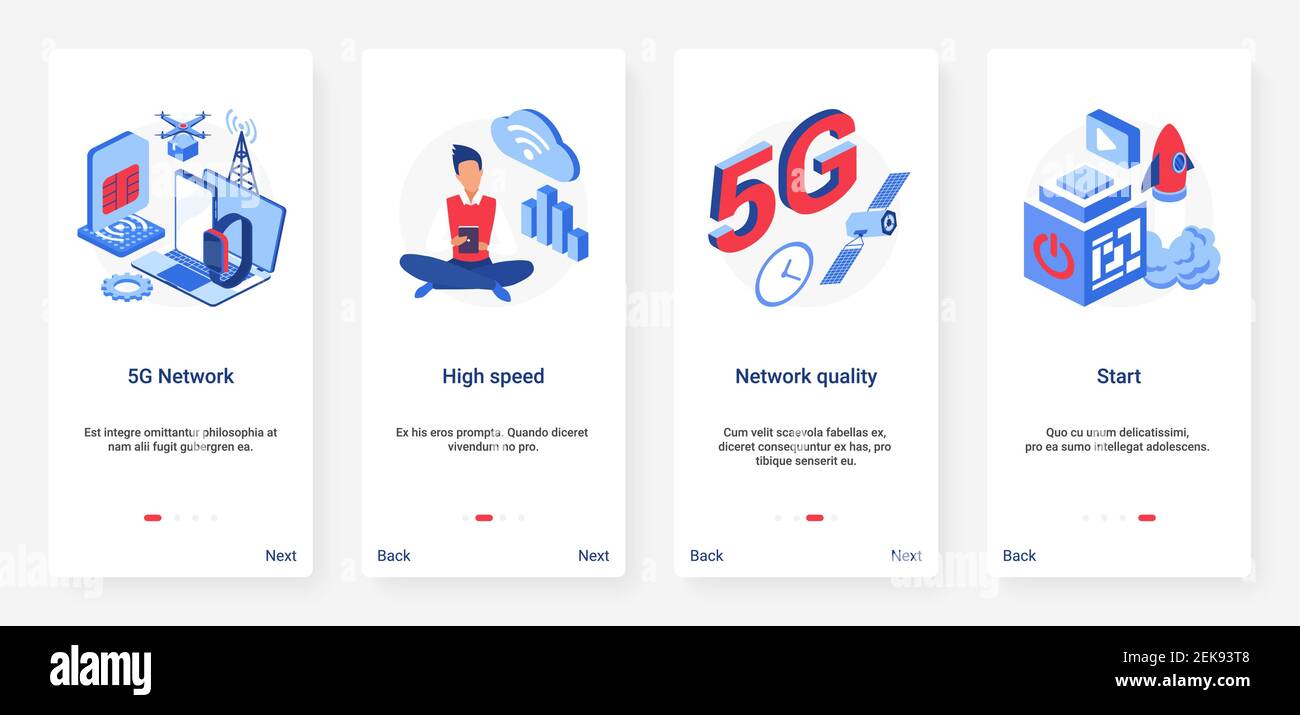 illustration vectorielle de la technologie de réseau numérique 5g. UX, écran de page d'application mobile d'intégration d'interface utilisateur avec réseau Internet haut débit de haute qualité, démarrage rapide de la connexion sans fil comme Rocket Illustration de Vecteur
