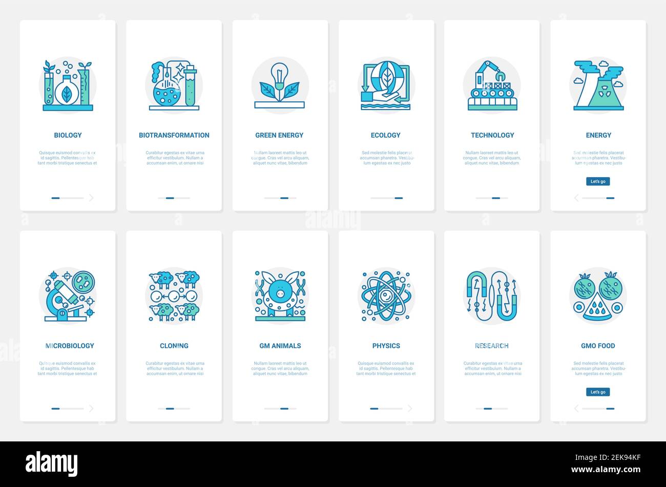 Laboratoire de technologie biologique, illustration du vecteur de puissance d'énergie écologique. UX, UI Onboarding mobile application page set avec ligne symboles de la science moderne de l'écologie, la microbiologie, le clonage de recherche génétique Illustration de Vecteur