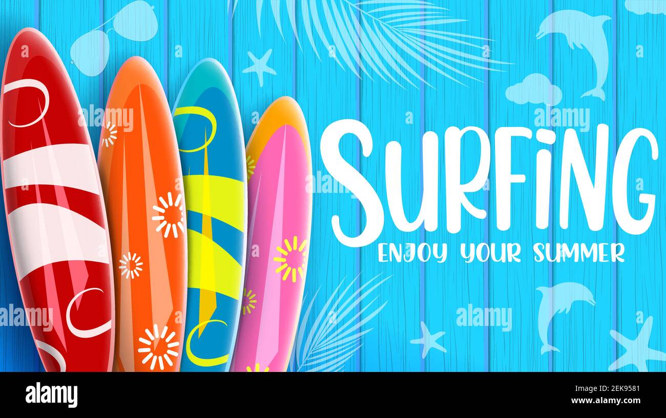 Bannière vectorisé pour le surf d'été. Surf Profitez de votre texte d'été avec des éléments de surf colorés dans un fond de texture en bois bleu. Illustration de Vecteur