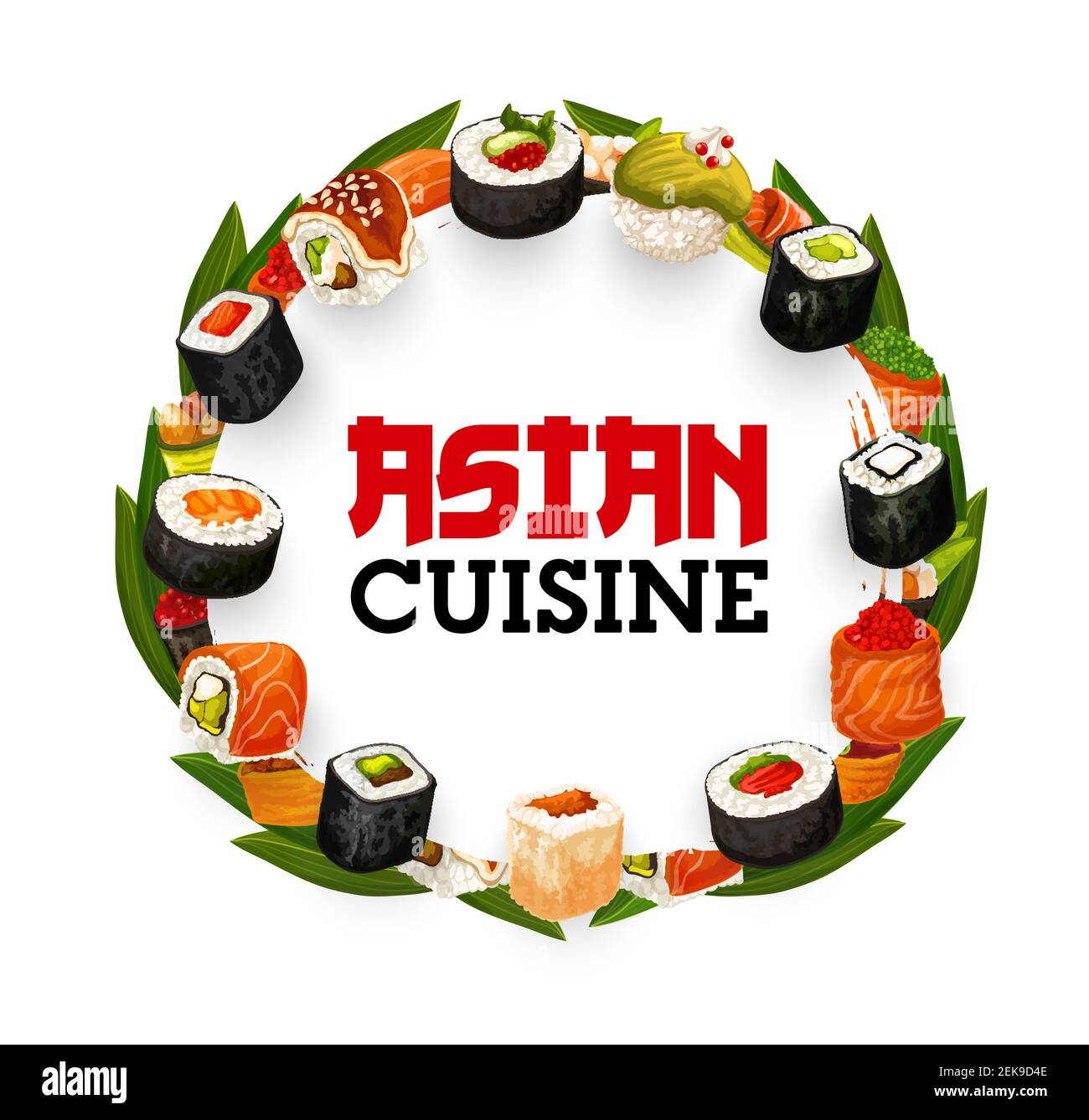 Rouleaux de sushis japonais, affiche vectorielle de plats de fruits de mer asiatiques. Saumon, riz et algues hosomaki, rouleaux de philadelphie et de californie, caviar gunkan, tu Illustration de Vecteur