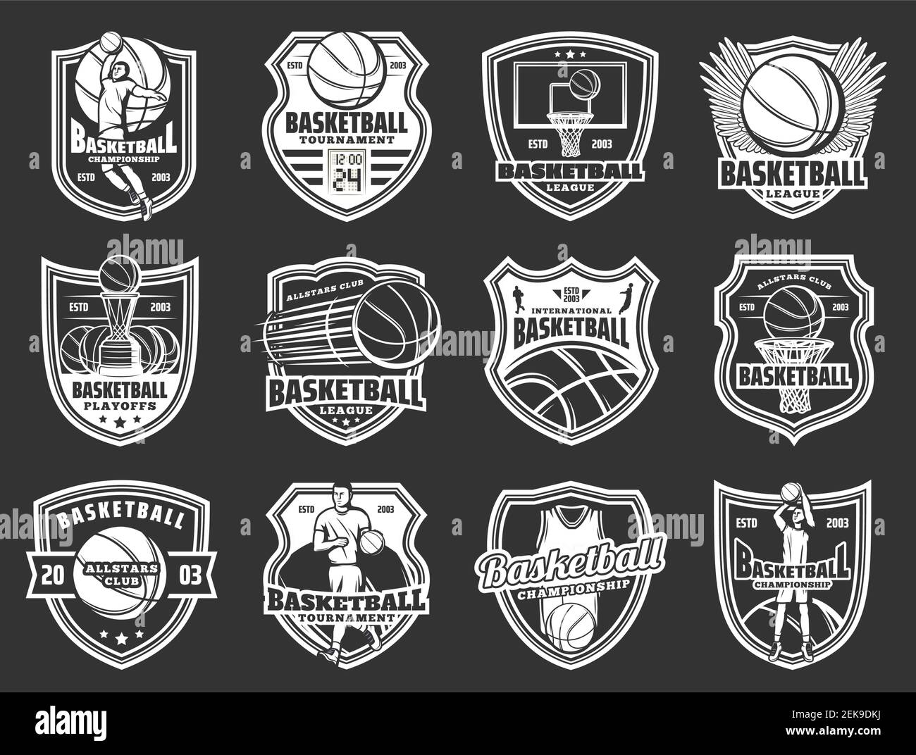 Emblèmes de l'équipe de basket-ball, symboles de la coupe de championnat ou de  la ligue d'équipe. Les symboles du club de sport de basket-ball Vector du  joueur avec balle sur les ailes