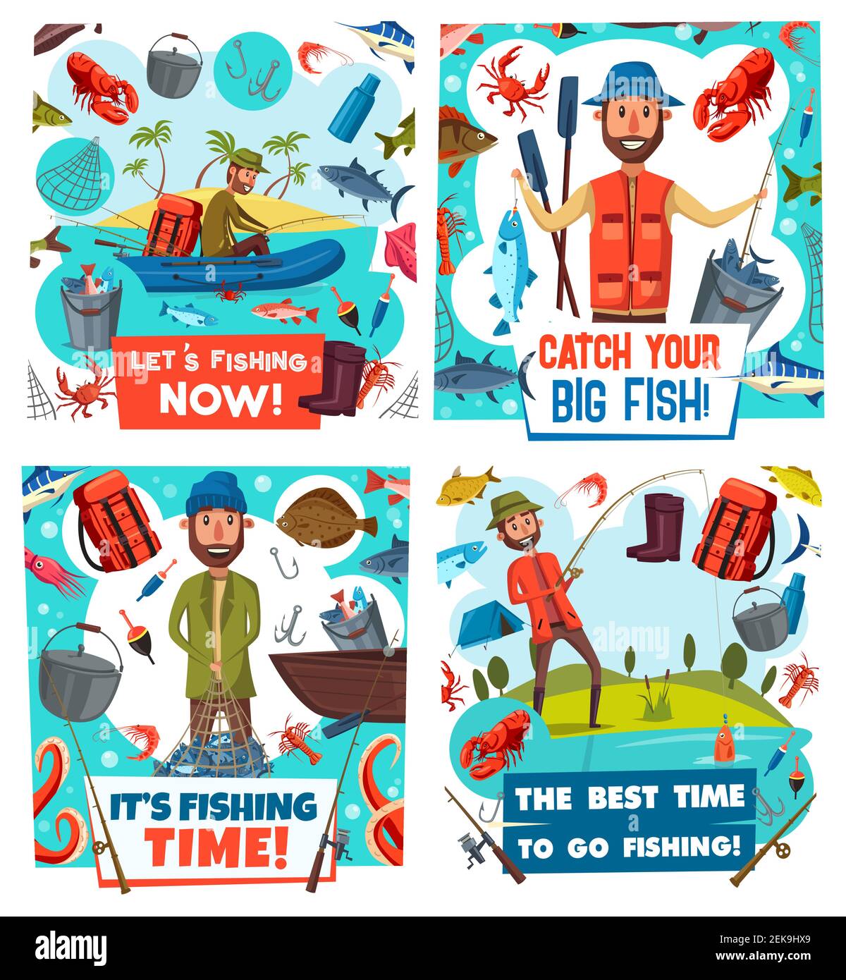 Affiches vectorielles de sports de pêche de pêcheurs, prises de poissons et équipement. Pêcheurs avec cannes à pêche, bateaux et filets, crochets, appâts et matériel de pêche, marlin de mer, r Illustration de Vecteur