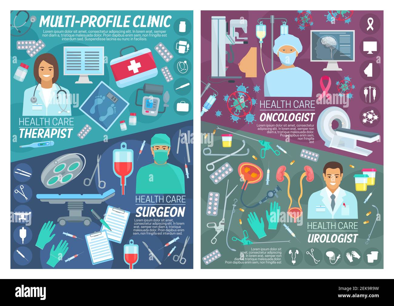 Personnel des soins de santé et de médecine, de l'oncologie ou du chirurgien et des médecins urologues. Articles médicaux et pilules de traitement, thérapie, oncologie et diagnostic urologique Illustration de Vecteur