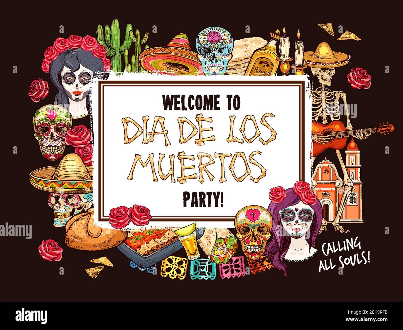Jour de la mort du crâne mexicain de vacances, Dia de los Muertos Catrina et esquisse de squelette d'Halloween. Fête de la mort fête vecteur conception avec la nourriture et le drin Illustration de Vecteur
