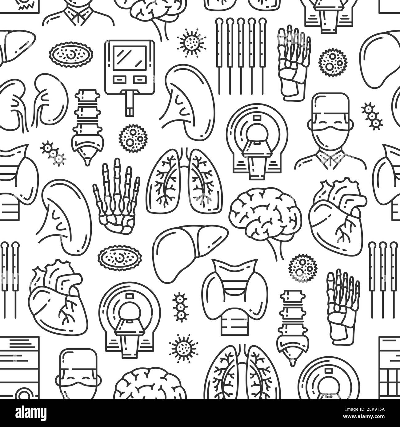 Schéma médical sans couture des organes et des articulations du corps. Vector Medicine médecin, IRM scanner ou rayons X rachis os, coeur ou cerveau et infection virale ou lu Illustration de Vecteur