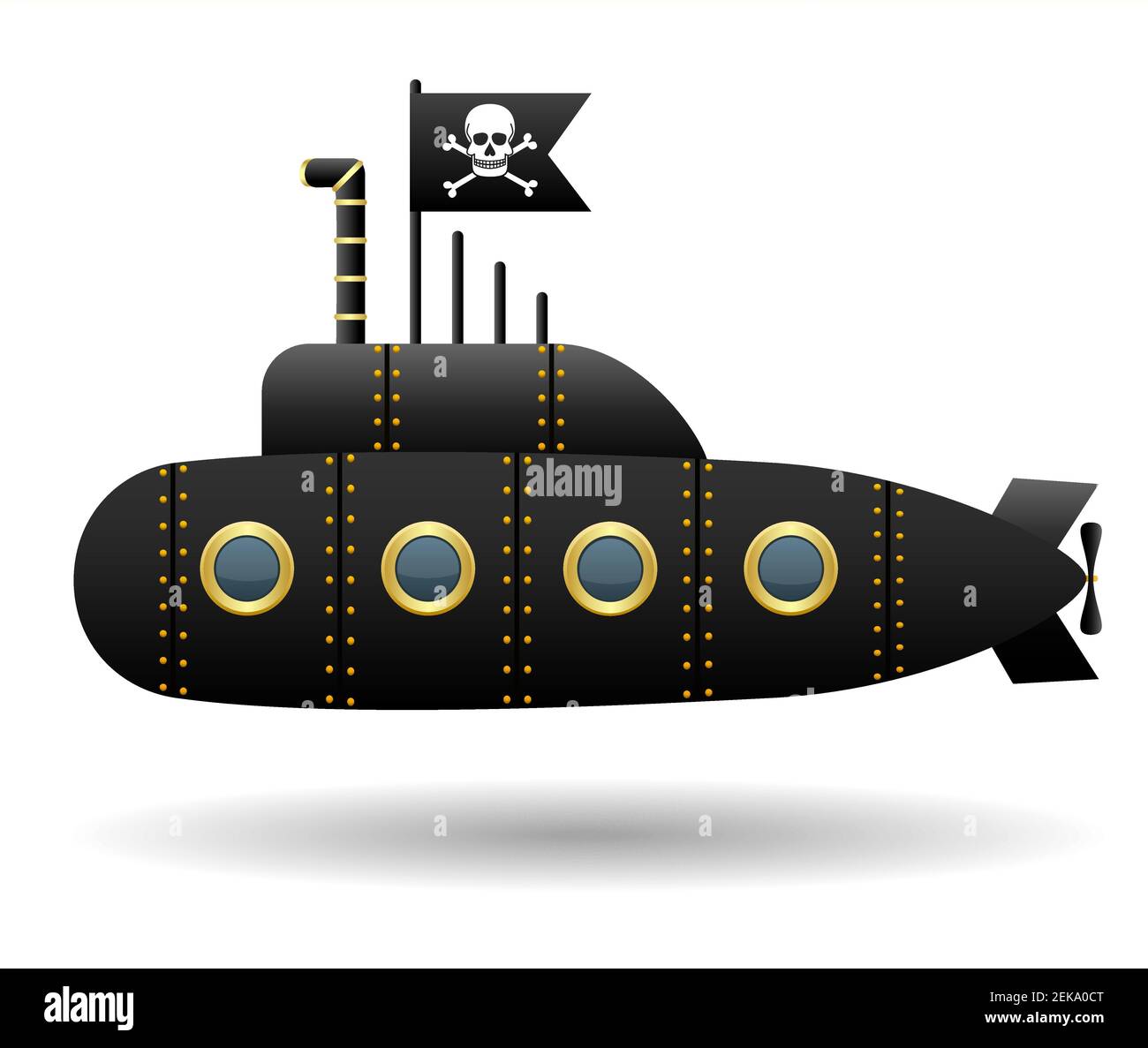 Sous-marin pirate noir. Drapeau Jolly Roger. Arrière-plan blanc. Style de dessin animé. Objet isolé. Image vectorielle. Illustration de Vecteur