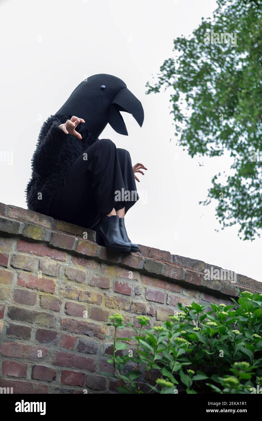 Femme agressive en costume de corbeau assis sur le mur de retenue contre ciel Banque D'Images